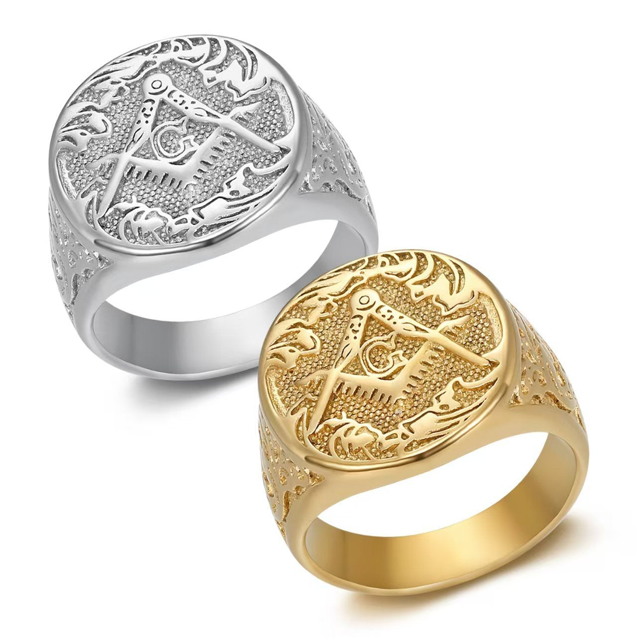 Kemstone Men’s Stainless Steel Vintage Emblem Signet Ring – Silver Gold TR0510