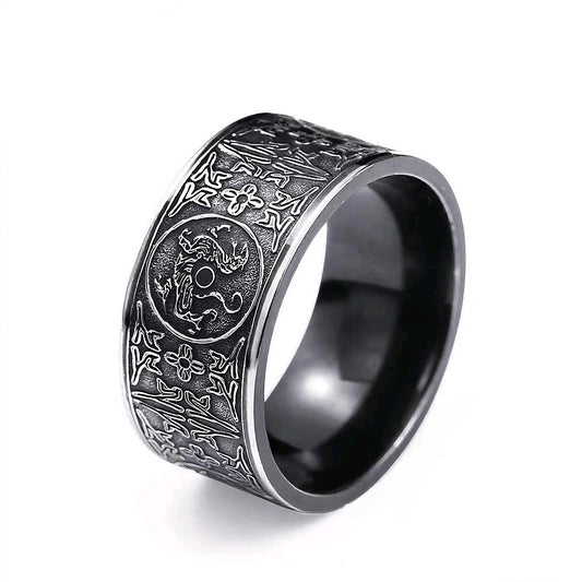 Kemstone Men’s Stainless Steel Wide Band Ring – Vintage Four Guardian Beasts Totem NW-JZ092