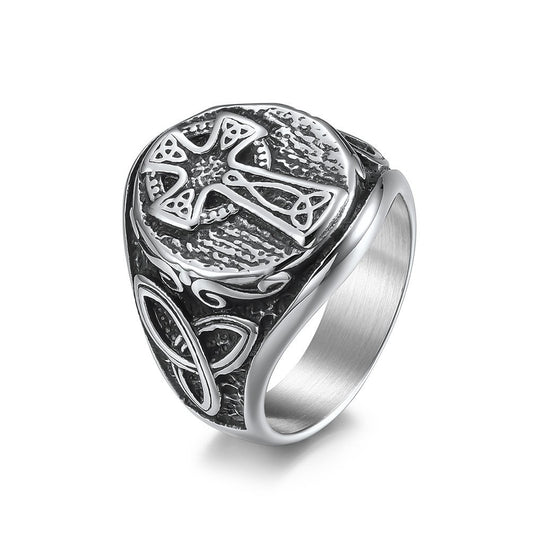 Kemstone Men’s Titanium Steel Celtic Cross Ring – Eternal Knot Design K-R647