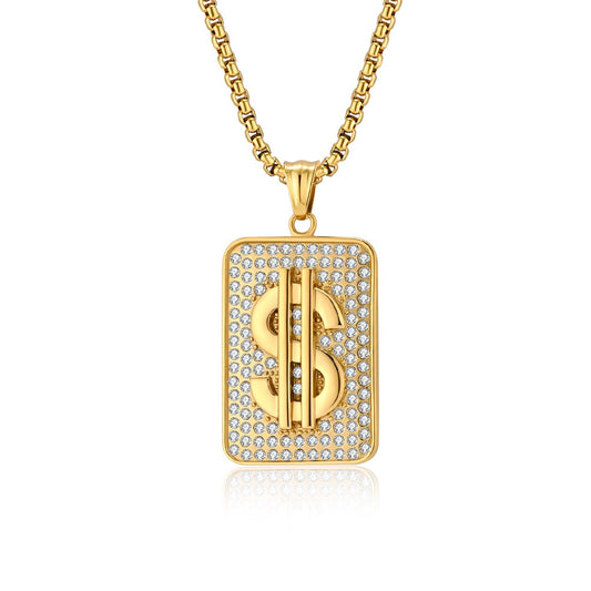 Kemstone Men’s Titanium Steel Dollar Sign Pendant Necklace – Hip Hop Iced Out Style K-PT602