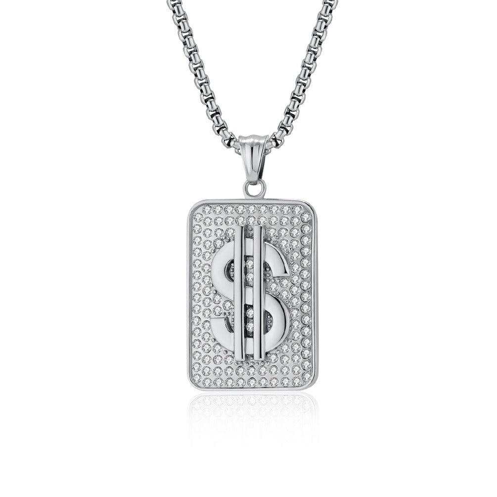 Kemstone Men’s Titanium Steel Dollar Sign Pendant Necklace – Hip Hop Iced Out Style K-PT602