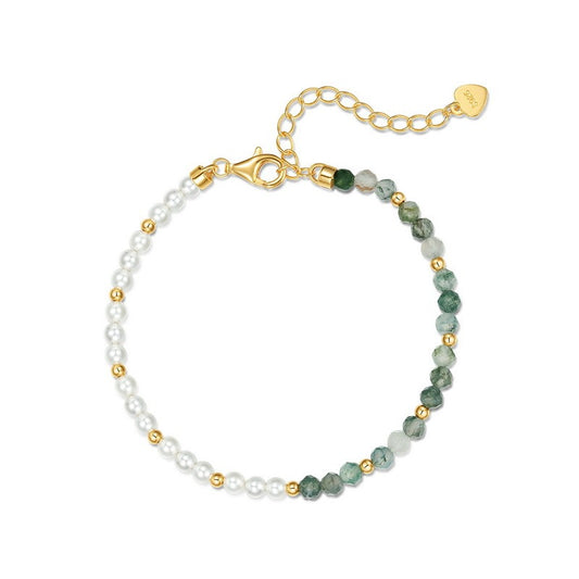 Pulsera de cuentas de ágata musgosa, diseño original, hecha a mano por Kemstone - Delicado diseño de plata S925 y perla