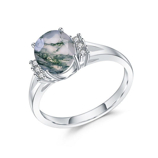 Anillo de compromiso de ágata musgosa en plata de ley 925 con piedra ovalada, diseño original artesanal de Kemstone