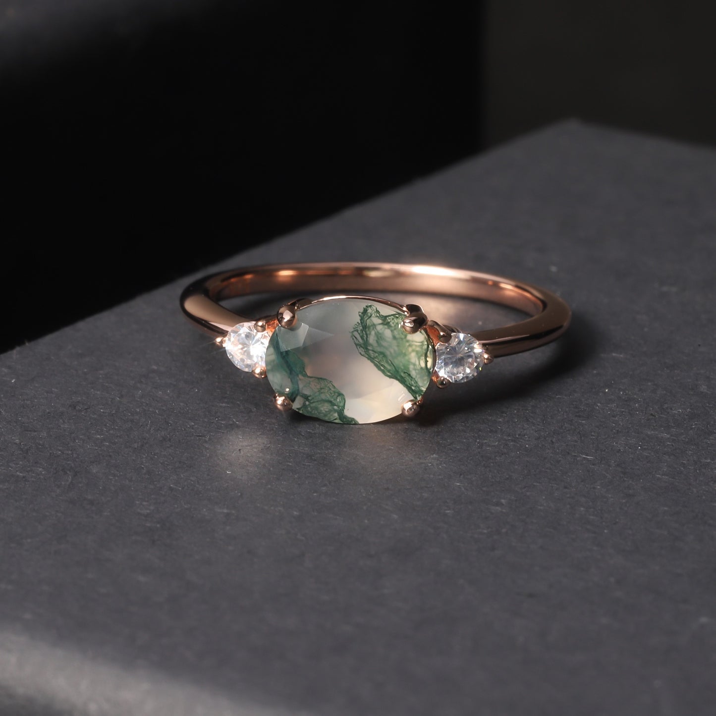 Anillo de compromiso de ágata musgosa de plata esterlina chapada en oro rosa de 18 quilates, diseño original artesanal de Kemstone