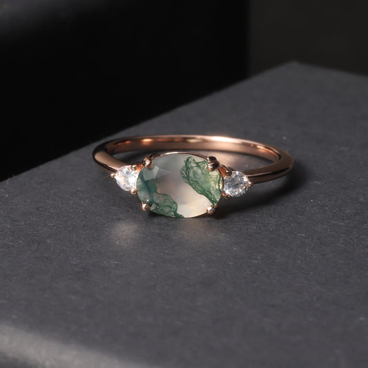 Anillo de compromiso de ágata musgosa de plata esterlina chapada en oro rosa de 18 quilates, diseño original artesanal de Kemstone