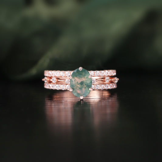 Anillos de compromiso y boda de plata de ley 925 con ágata musgosa verde natural ovalada, hechos a mano, de Kemstone, diseño original.