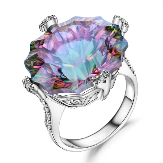 Anillo de plata de ley 925 con diseño original artesanal de Kemstone y cuarzo místico de 24,21 quilates. Diseño geométrico, engaste en garras y brillo vibrante. Joyería llamativa.