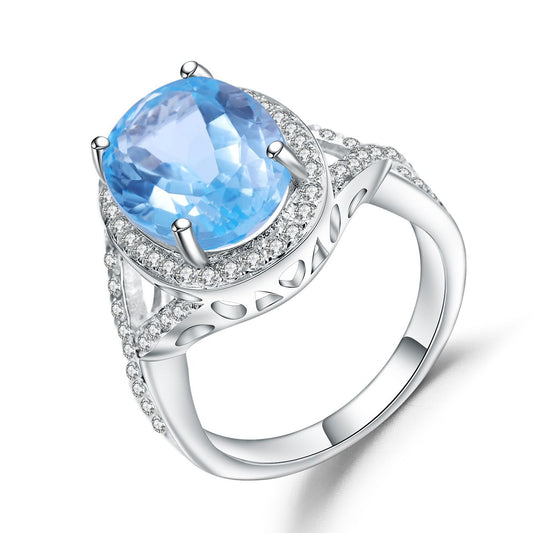 Anillo de topacio azul cielo de corte ovalado de 8,15 quilates, hecho a mano, diseño original de Kemstone, en plata de ley hueca para mujer, K245032R