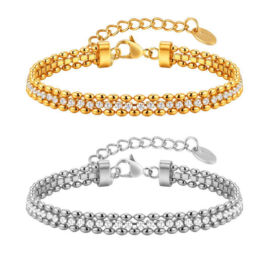 Pulsera Kemstone de acero inoxidable con doble hilera de cuentas de oliva y circonitas blancas | Diseño minimalista retro | Lujo ligero para combinar con otras prendas BR-2440