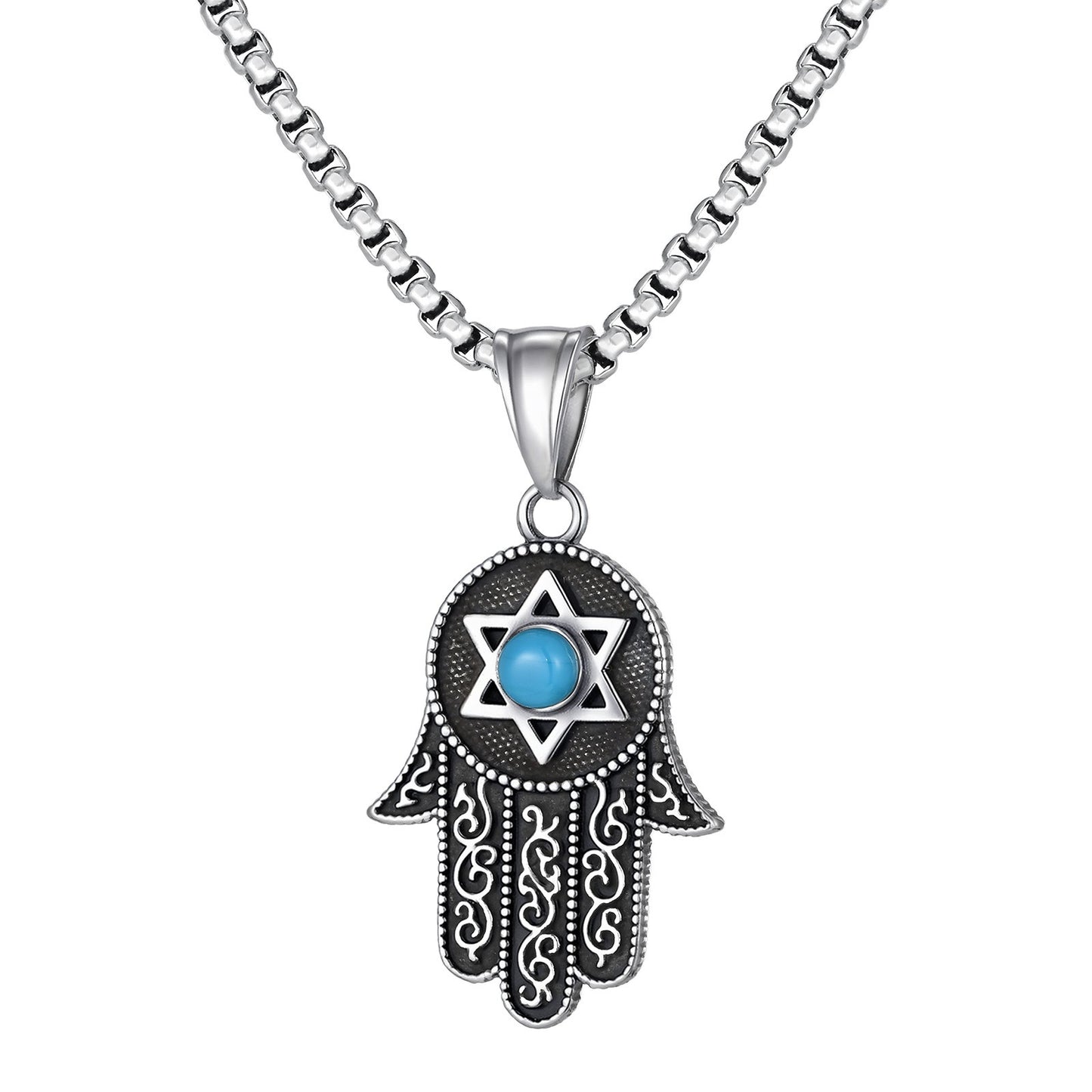 Kemstone Stainless Steel Hamsa Hand Necklace – Hexagram Turquoise Pendant for Men PN-2232
