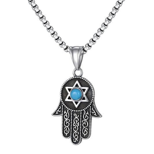 Kemstone Stainless Steel Hamsa Hand Necklace – Hexagram Turquoise Pendant for Men PN-2232