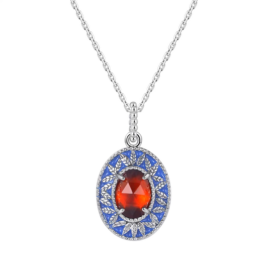 Kemstone Sunset Island Necklace | 925 Sterling Silver Spessartite Garnet & Enamel Pendant | Vintage Medieval Jewelry