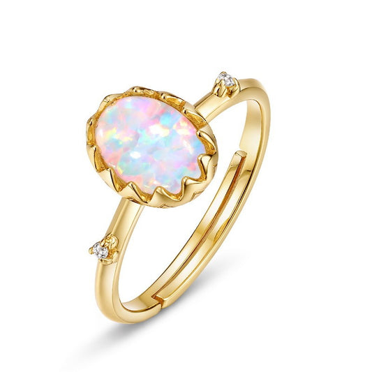 Anillo geométrico vintage de ópalo ovalado, diseño original, hecho a mano por Kemstone - Anillos abiertos de lujo en plata S925 con baño de oro de 9 quilates