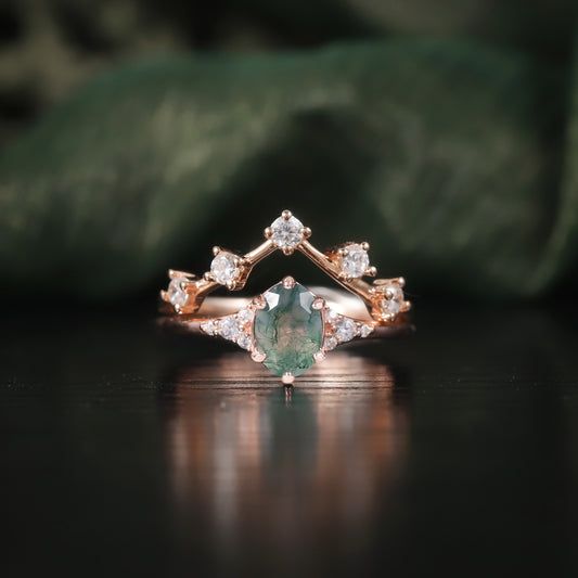Anillo nupcial de oro rosa de 14 quilates con ágata musgosa ovalada en plata de ley 925, delicado diseño original artesanal de Kemstone.