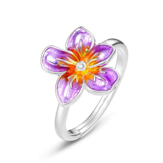 Anillo de flor de esmalte violeta, diseño original artesanal de Kemstone - Ajustable - Plata S925 bañada en oro