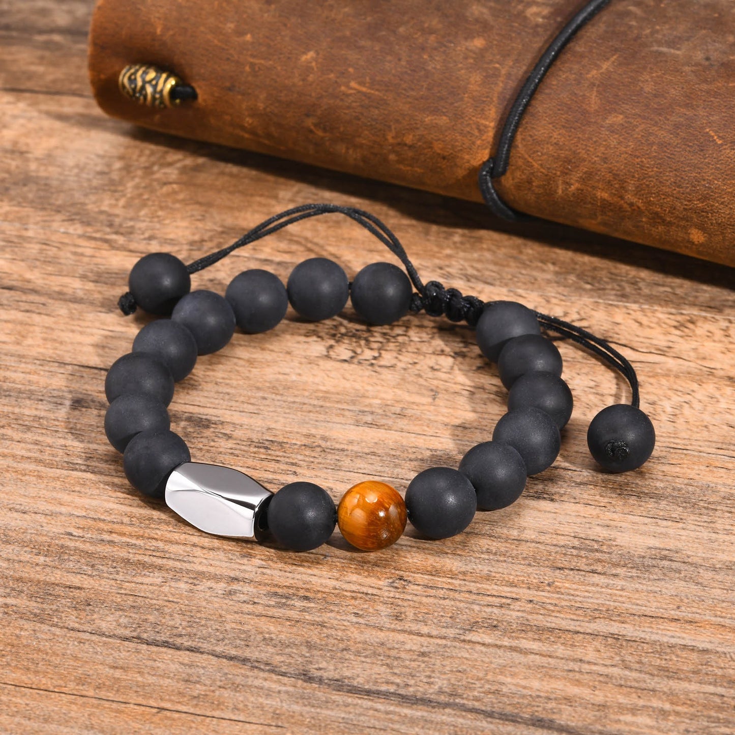 Kemstone Men’s Matte Onyx & Tiger Eye Bracelet – Adjustable Natural Stone Band BR-1680