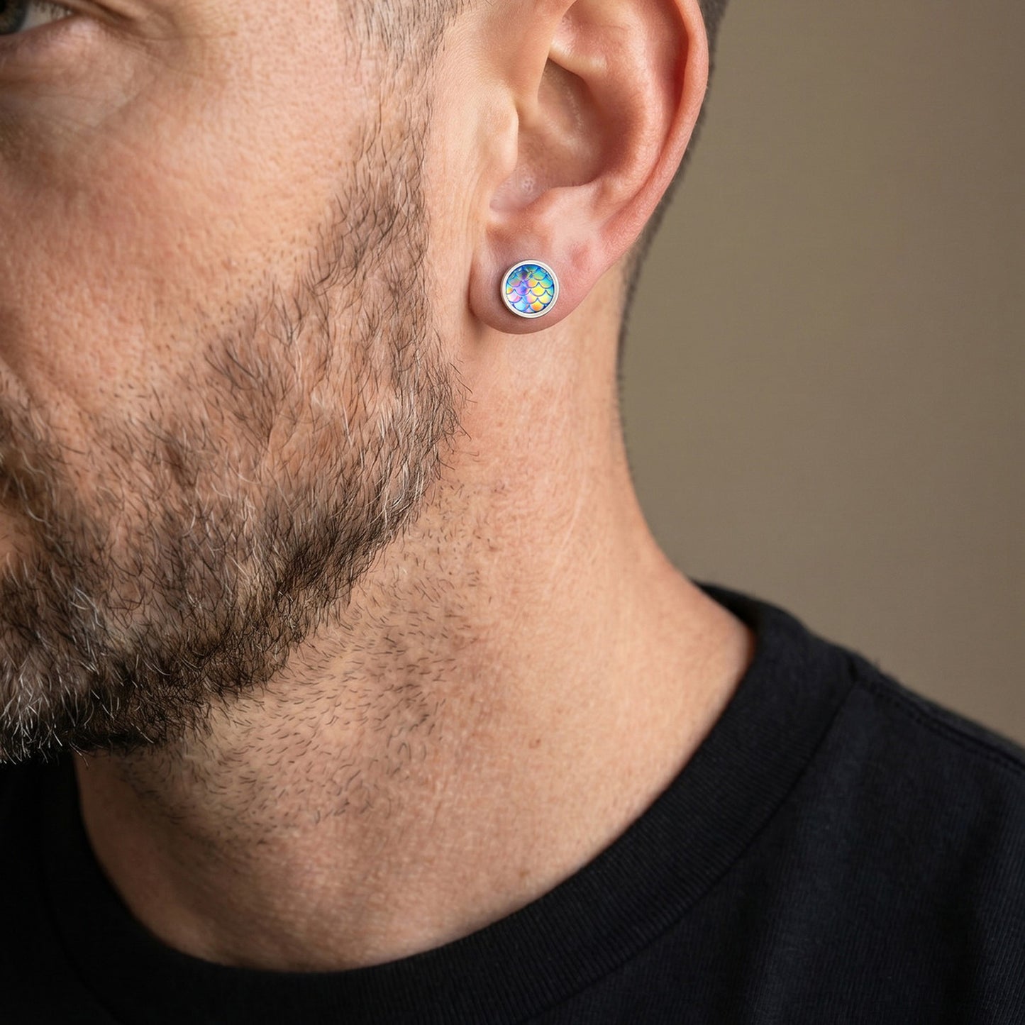 Kemstone Stainless Steel Colorful Fish Scale Stud Earrings for Men ES-832