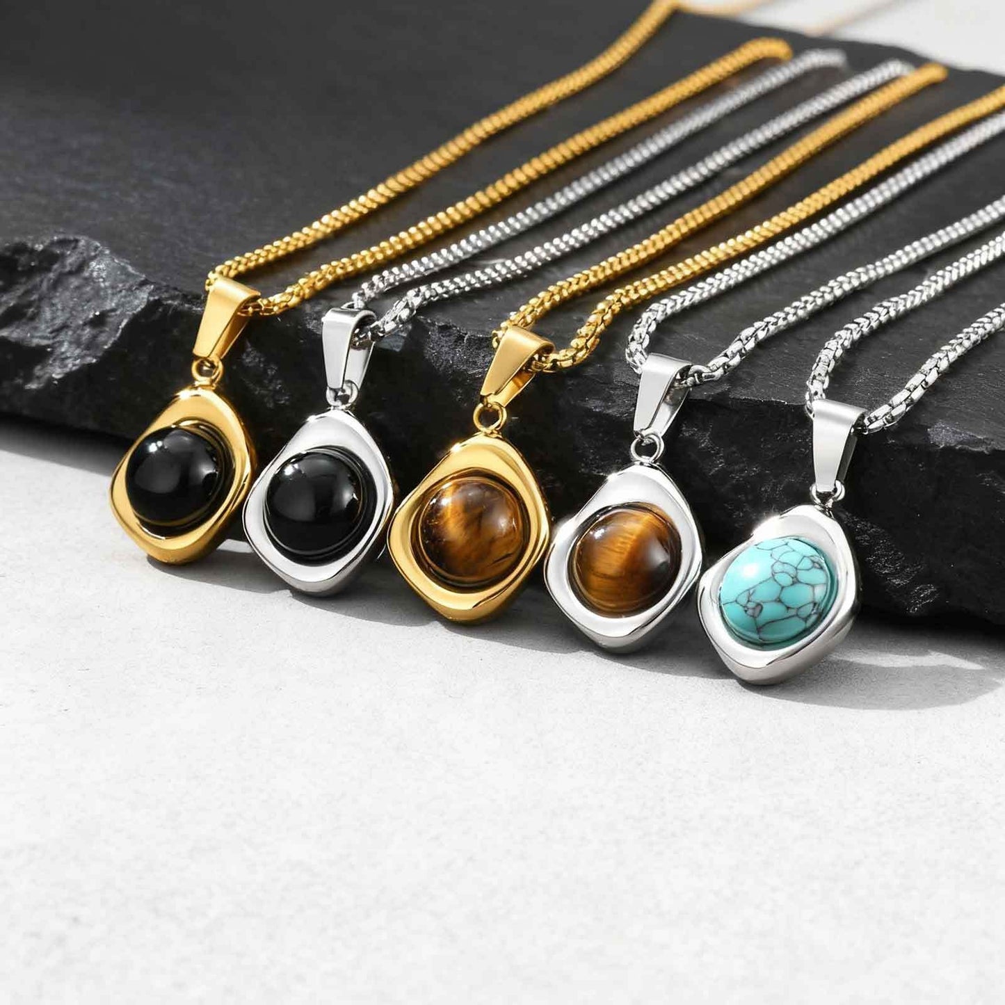 Kemstone Men’s Stainless Steel Necklace – Irregular Natural Stone Pendant Tiger Eye / Onyx / Turquoise PN-2189