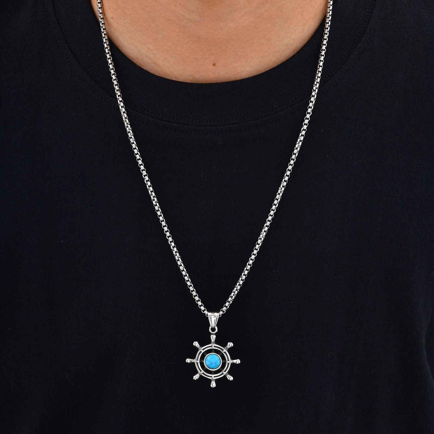Kemstone Men’s Turquoise Pendant Necklace – Stainless Steel Ship Wheel Pendant PN-2234
