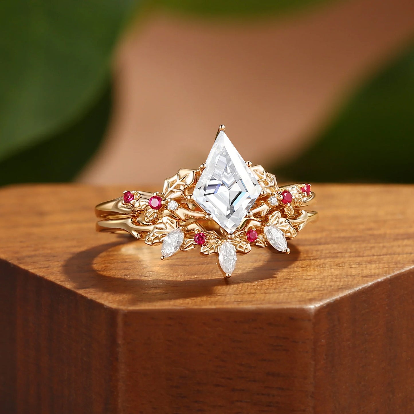 Kemstone Kite Cut Moissanite Ring Set for Women – Floral Stackable Engagement Ring in S925 Sterling Silver 18K Gold Plated T7-YC0305RS