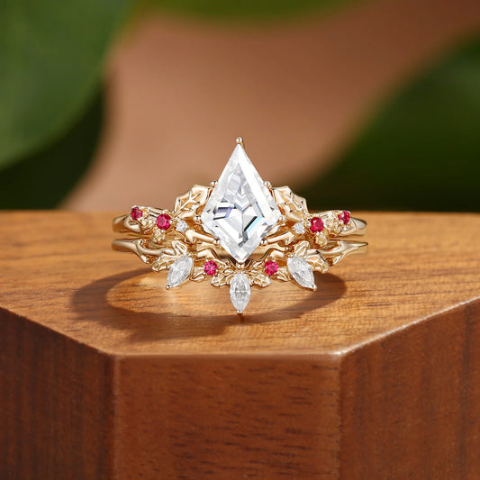 Kemstone Kite Cut Moissanite Ring Set for Women – Floral Stackable Engagement Ring in S925 Sterling Silver 18K Gold Plated T7-YC0305RS