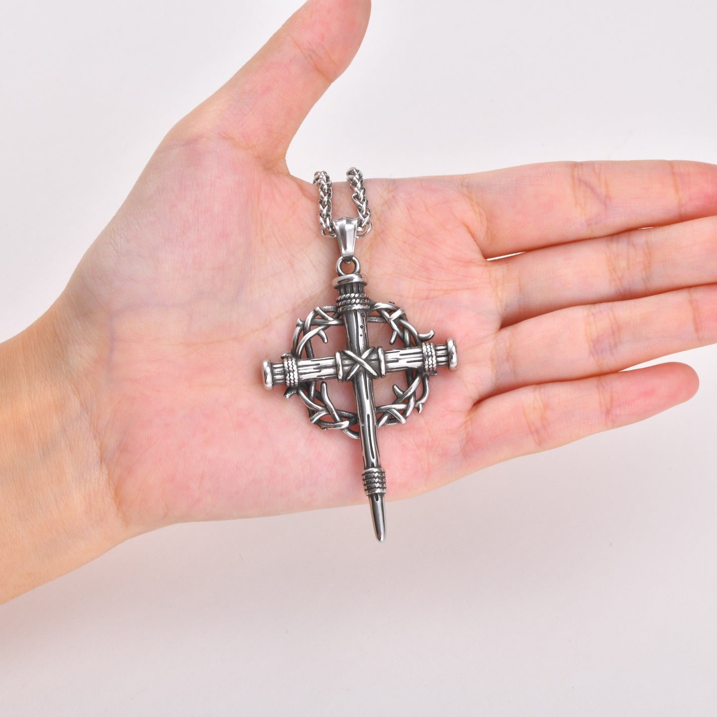 Kemston Thorn-Wrapped Gothic Cross Necklace for Men Stainless Steel Vintage Silver PN-2463S