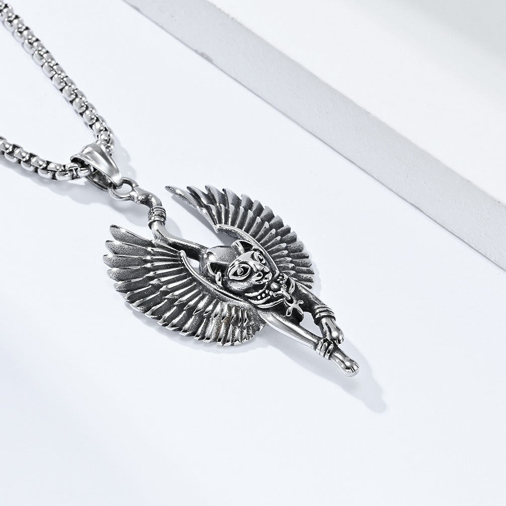 Kemstone Egyptian Cat Pendant Necklace for Men Stainless Steel Animal Sculpted Detail K-PT461