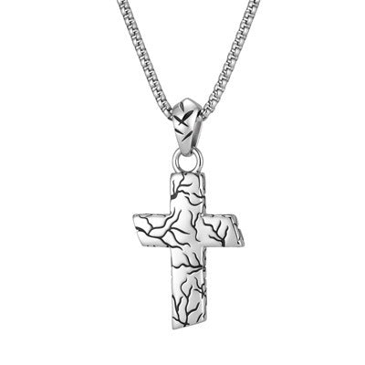 Kemston Cracked Texture Cross Pendant Necklace for Men Stainless Steel Vintage Silver Design PN-2420