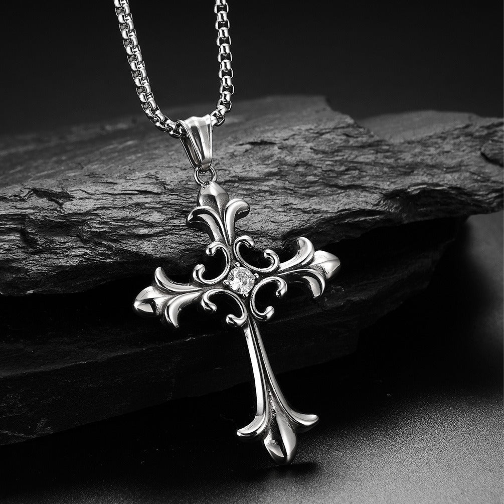 Kemstone Gothic Cross Pendant Necklace for Men Stainless Steel Cubic Zirconia Center K-PT375