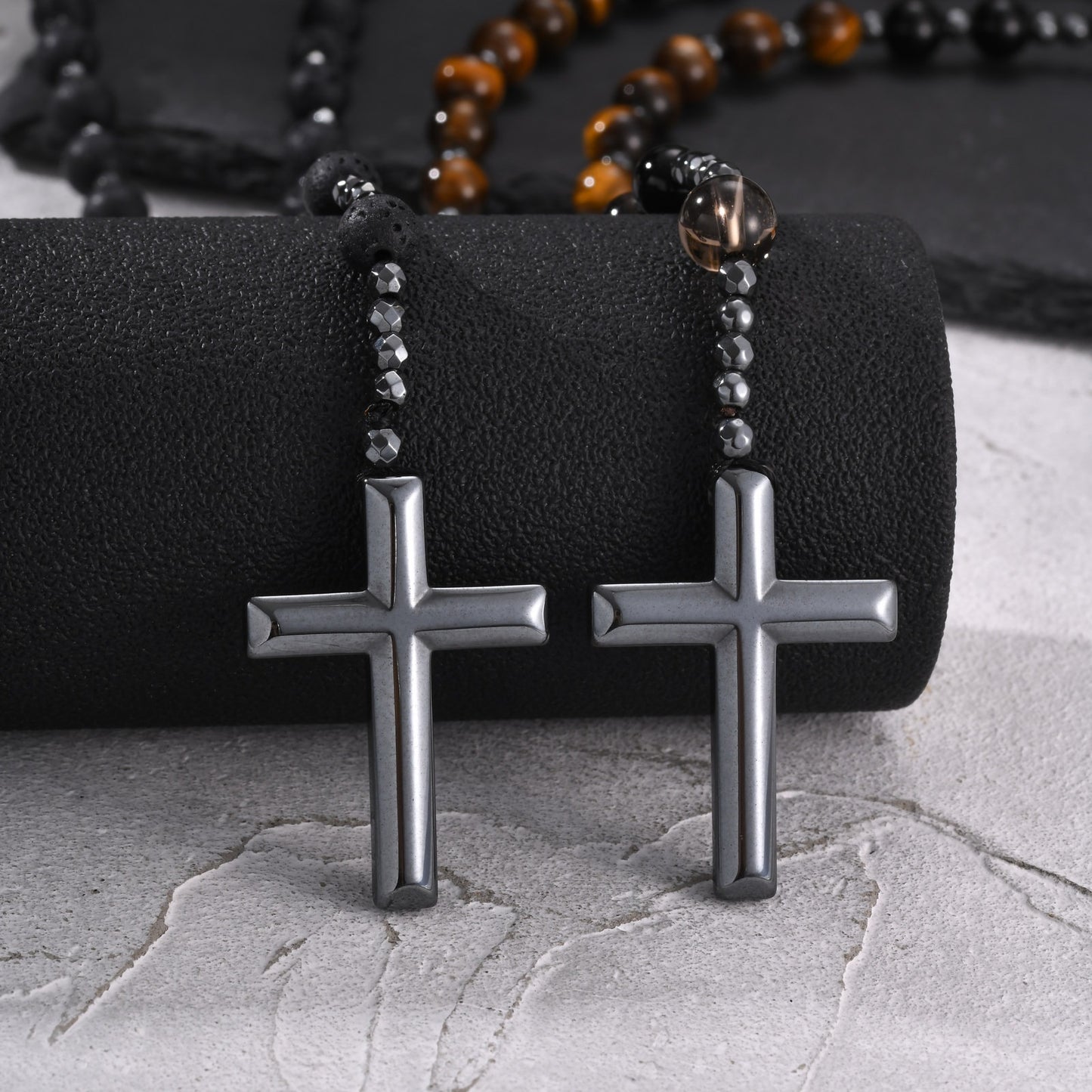 Kemstone Tiger Eye Beaded Cross Necklace for Men Lava Stone Stainless Steel Pendant NC-3017
