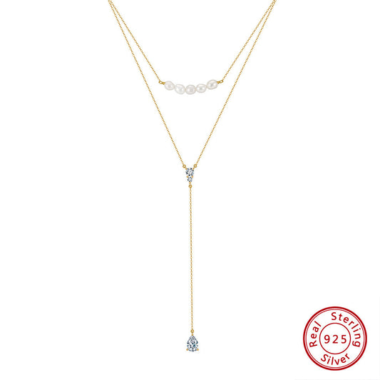 Kemstone Layered Y Lariat Necklace for Women – 925 Sterling Silver, Pearl & Cubic Zirconia, Adjustable Gold/Silver Chain A4-BQN13