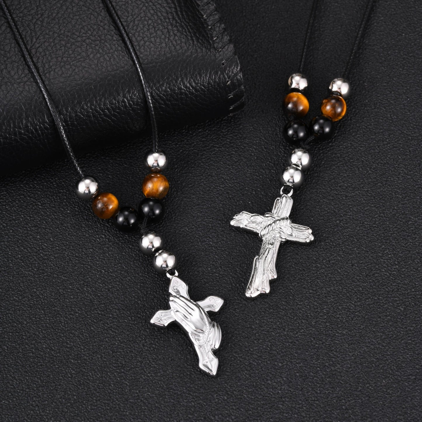 Kemston Beaded Cross Necklace for Men Black Onyx Tiger Eye Stainless Steel Adjustable Rope Pendant NC-2783