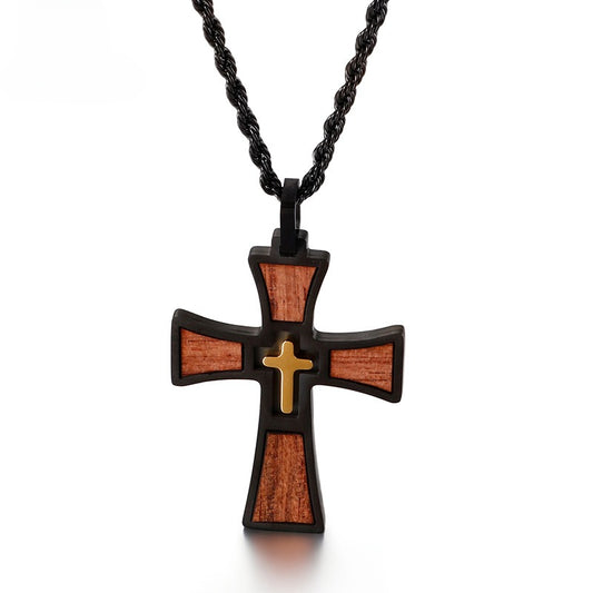 Kemstone Layered Stainless Steel & Wood Cross Pendant – Gothic Totem Necklace KP93475
