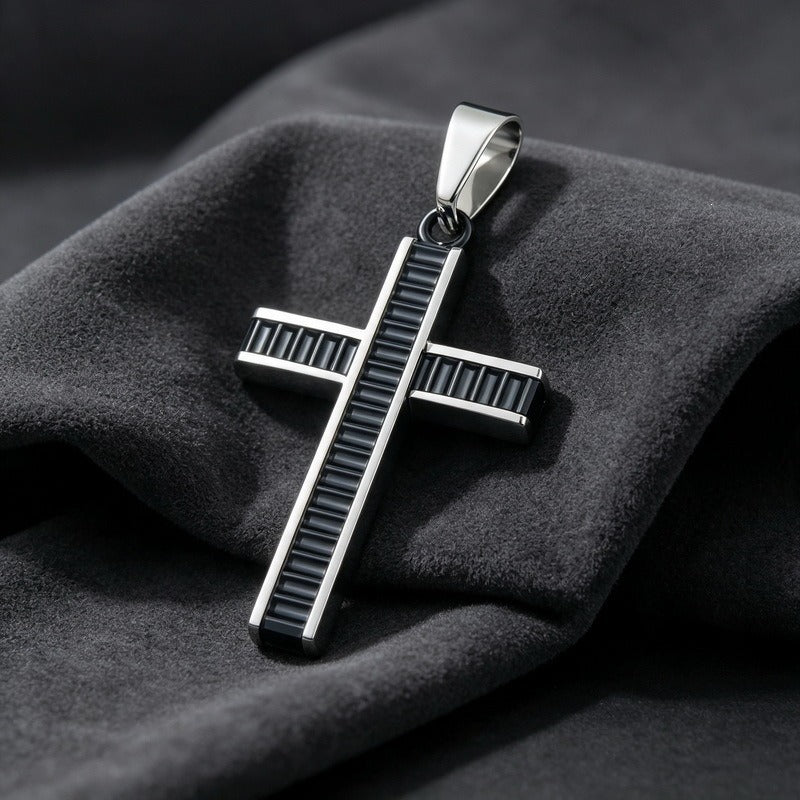 Kemstone Layered Cross Pendant Necklace for Men Stainless Steel Ribbed Design KP119486-HR