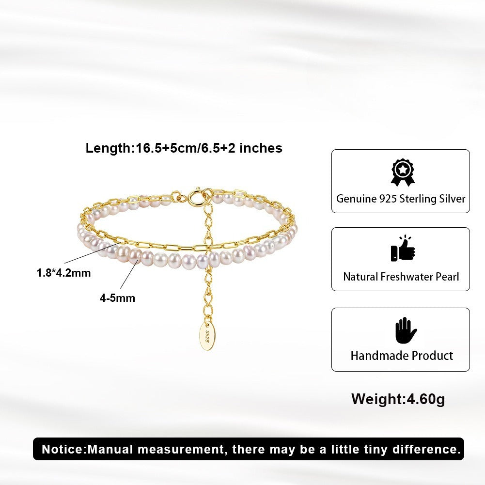 Kemston Double Layer Freshwater Pearl Bracelet for Women 925 Sterling Silver 14K Gold Plated GPB66
