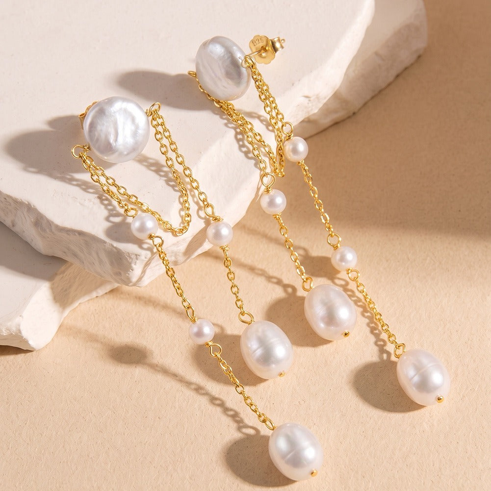 Kemstone Layered Freshwater Pearl Drop Earrings for Women 925 Sterling Silver GPE150