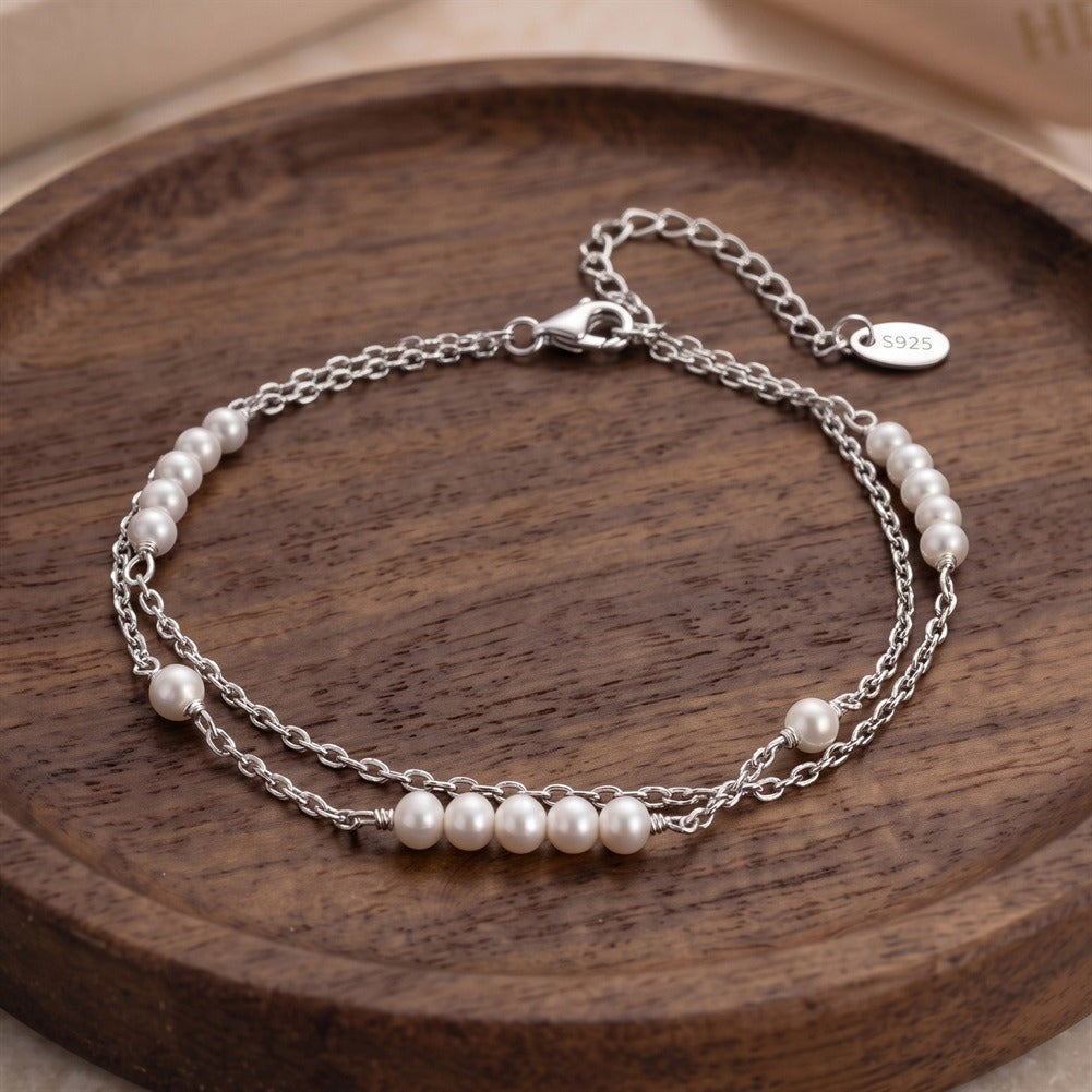 Kemstone Double Chain Shell Pearl Bracelet for Women 925 Sterling Silver PSB16