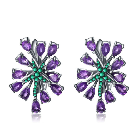 Pendientes colgantes geométricos de amatista natural y nanoesmeralda verde, hechos a mano por Kemstone, en plata S925 - Elegancia celestial