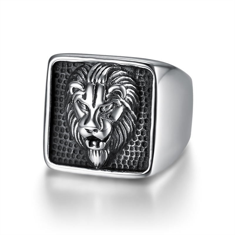 Kemstone Lion Head Signet Ring for Men Stainless Steel Square Relief Vintage TR0418