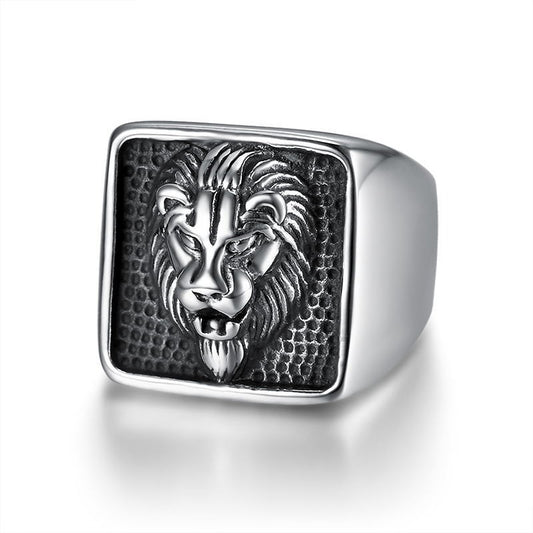 Kemstone Lion Head Signet Ring for Men Stainless Steel Square Relief Vintage TR0418