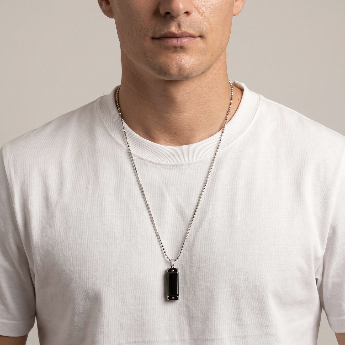 Kemston Black Rectangular Pendant Necklace for Men Alloy Silver Frame Stainless Steel Chain NC-3024