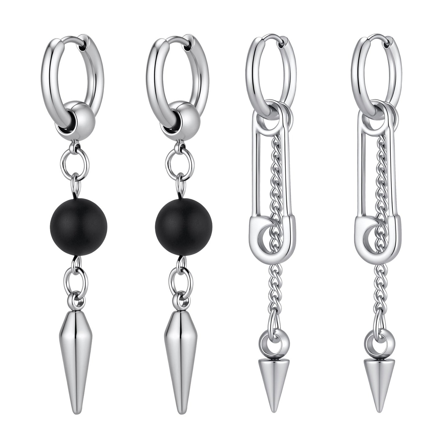 Kemstone Black Agate & Pin Inspired Spike Drop Earring for Men Stainless Steel ED-1075