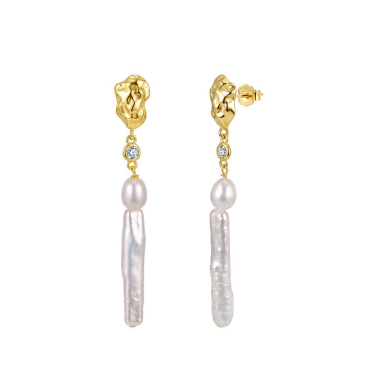Kemstone Long Freshwater Pearl Drop Earrings for Women 925 Sterling Silver Textured Stud GPE153