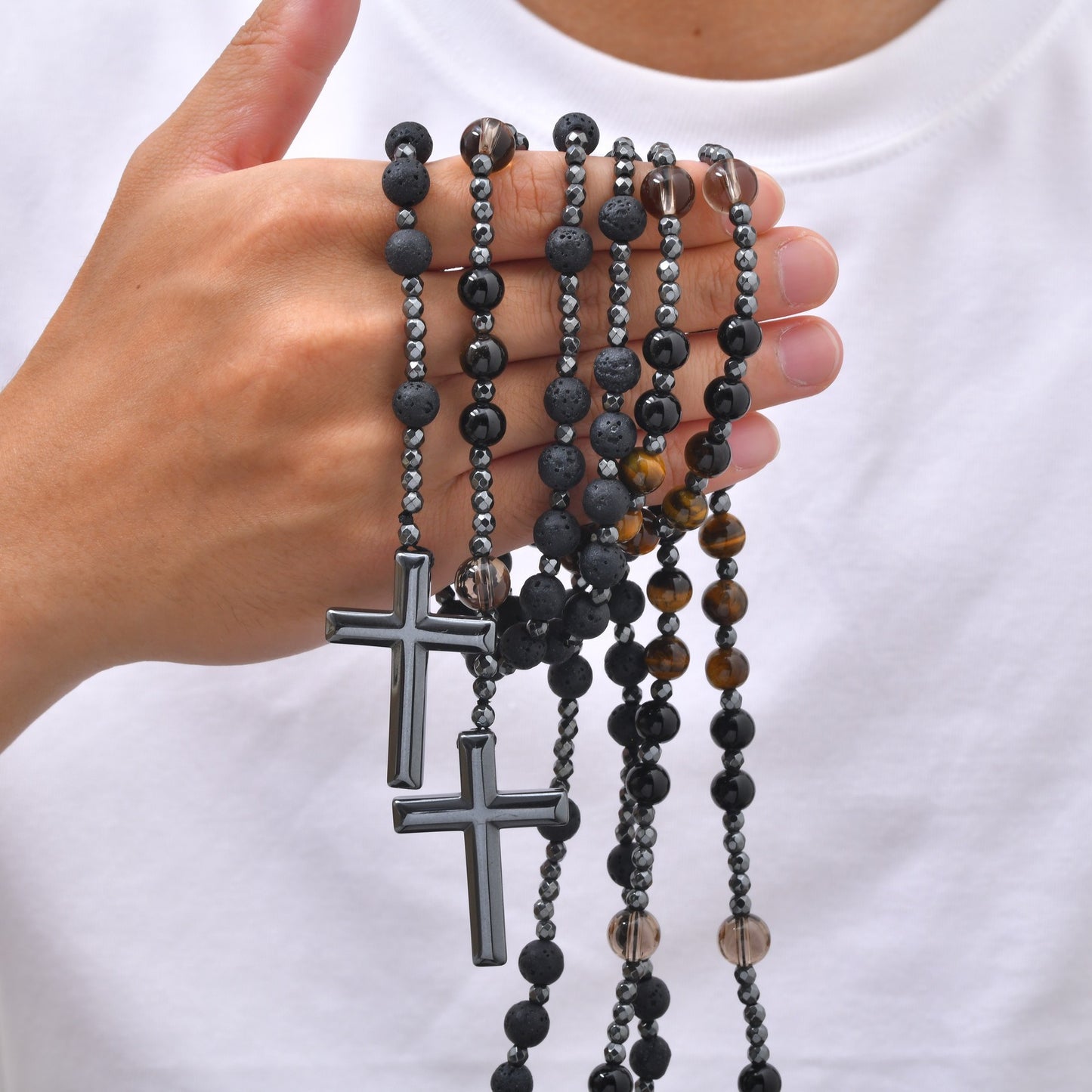Kemstone Tiger Eye Beaded Cross Necklace for Men Lava Stone Stainless Steel Pendant NC-3017