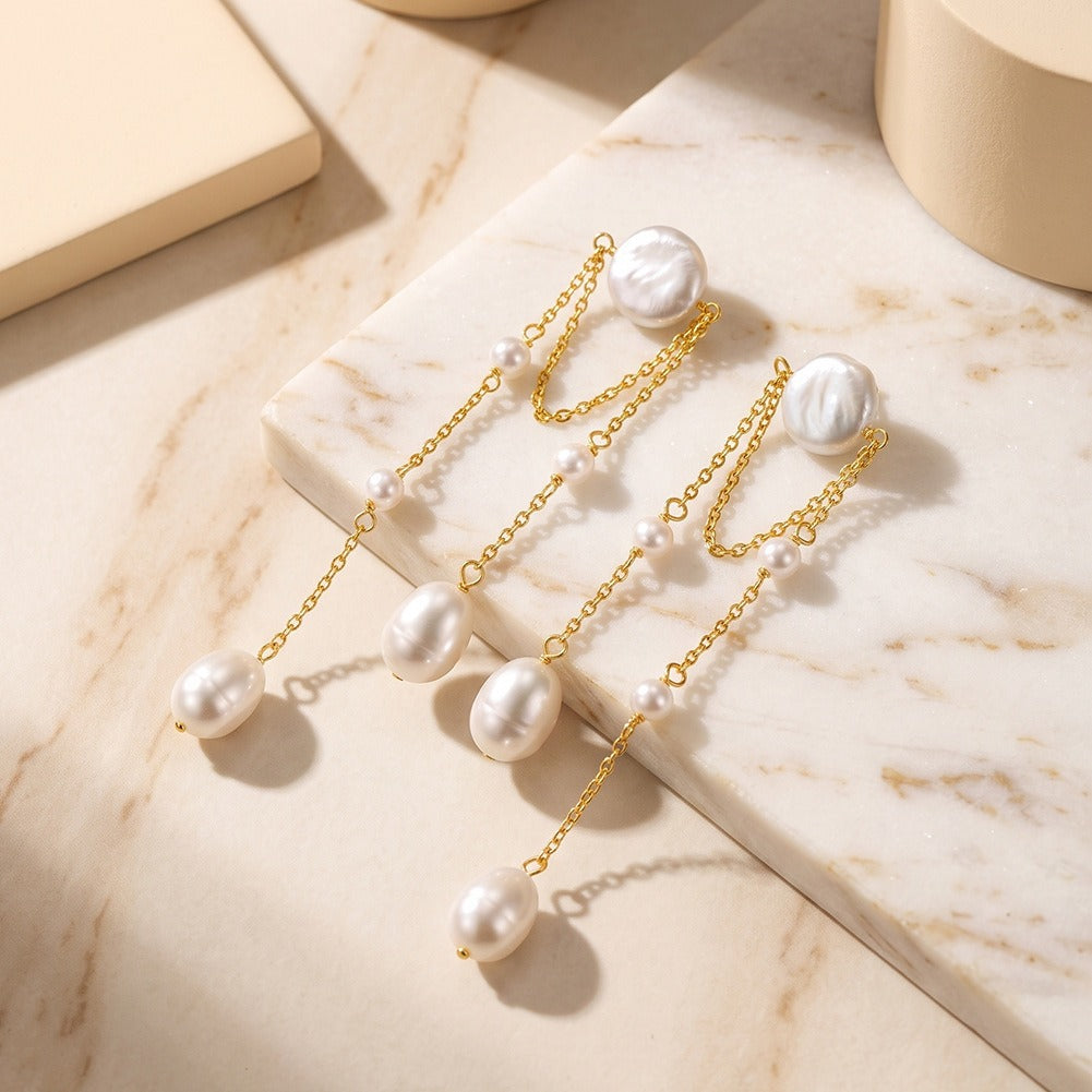 Kemstone Layered Freshwater Pearl Drop Earrings for Women 925 Sterling Silver GPE150