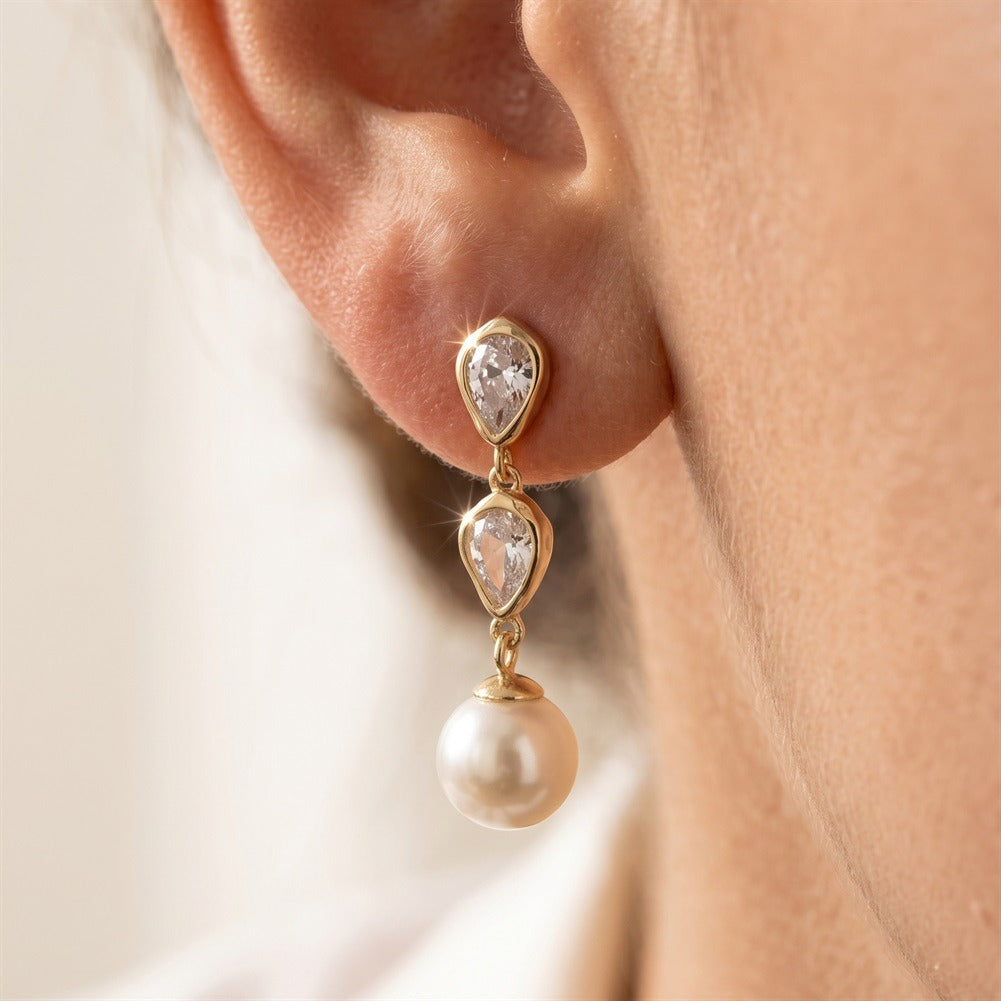 Kemstone Teardrop Pearl Drop Earrings for Women 925 Sterling Silver Cubic Zirconia PSE13