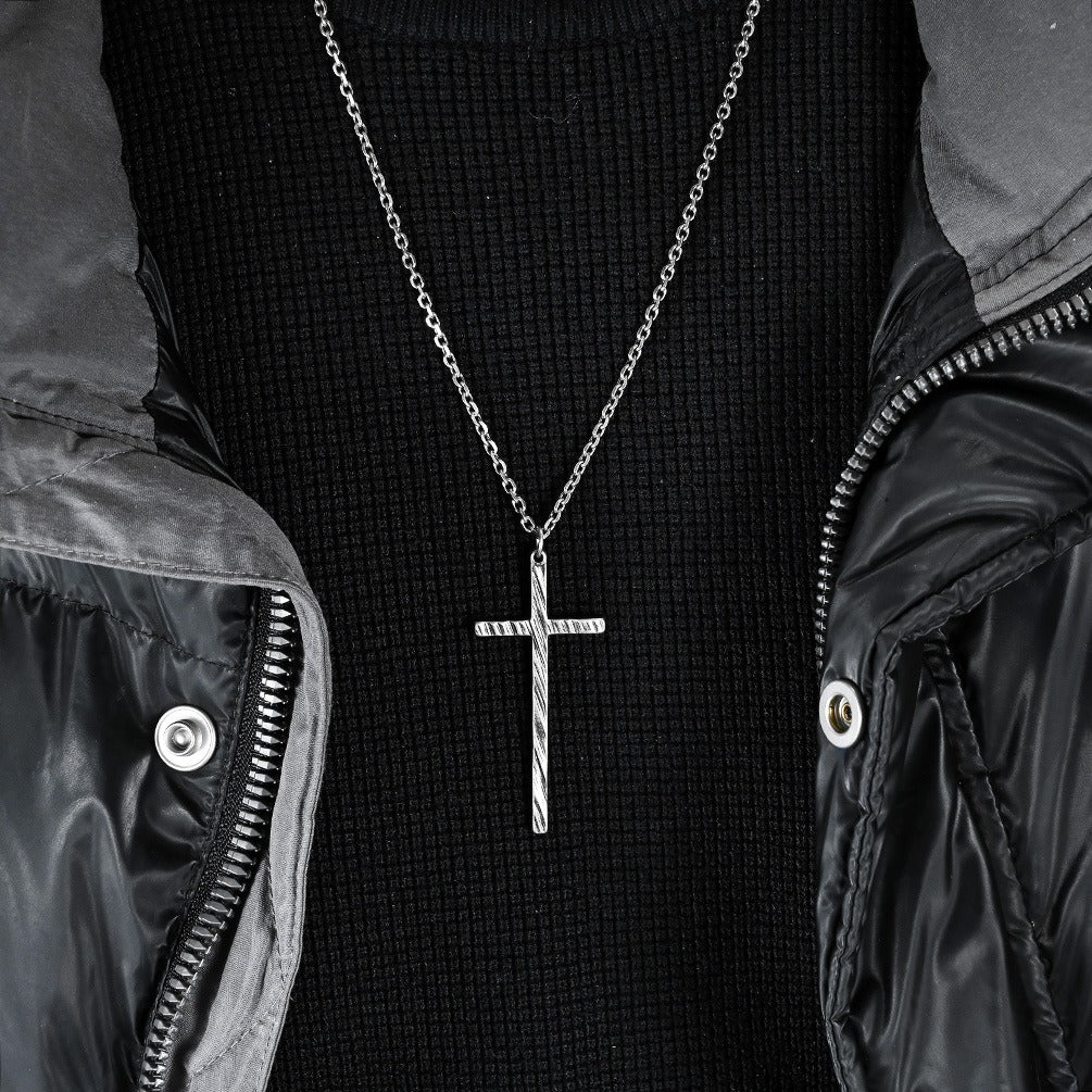 Kemstone Slim Textured Cross Pendant Necklace for Men Stainless Steel Vintage K-PT547