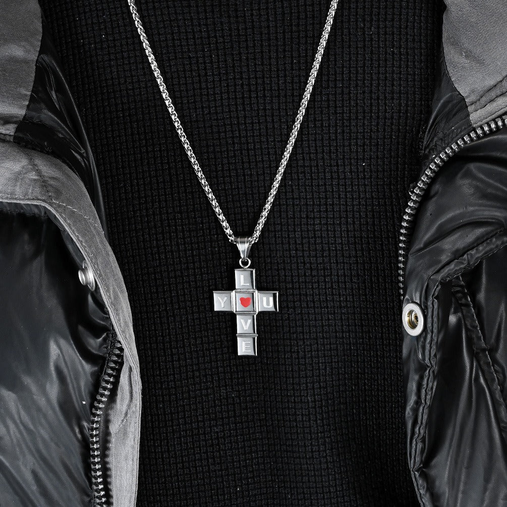 Kemstone Love Heart Cross Pendant Necklace for Men Stainless Steel K-PT554
