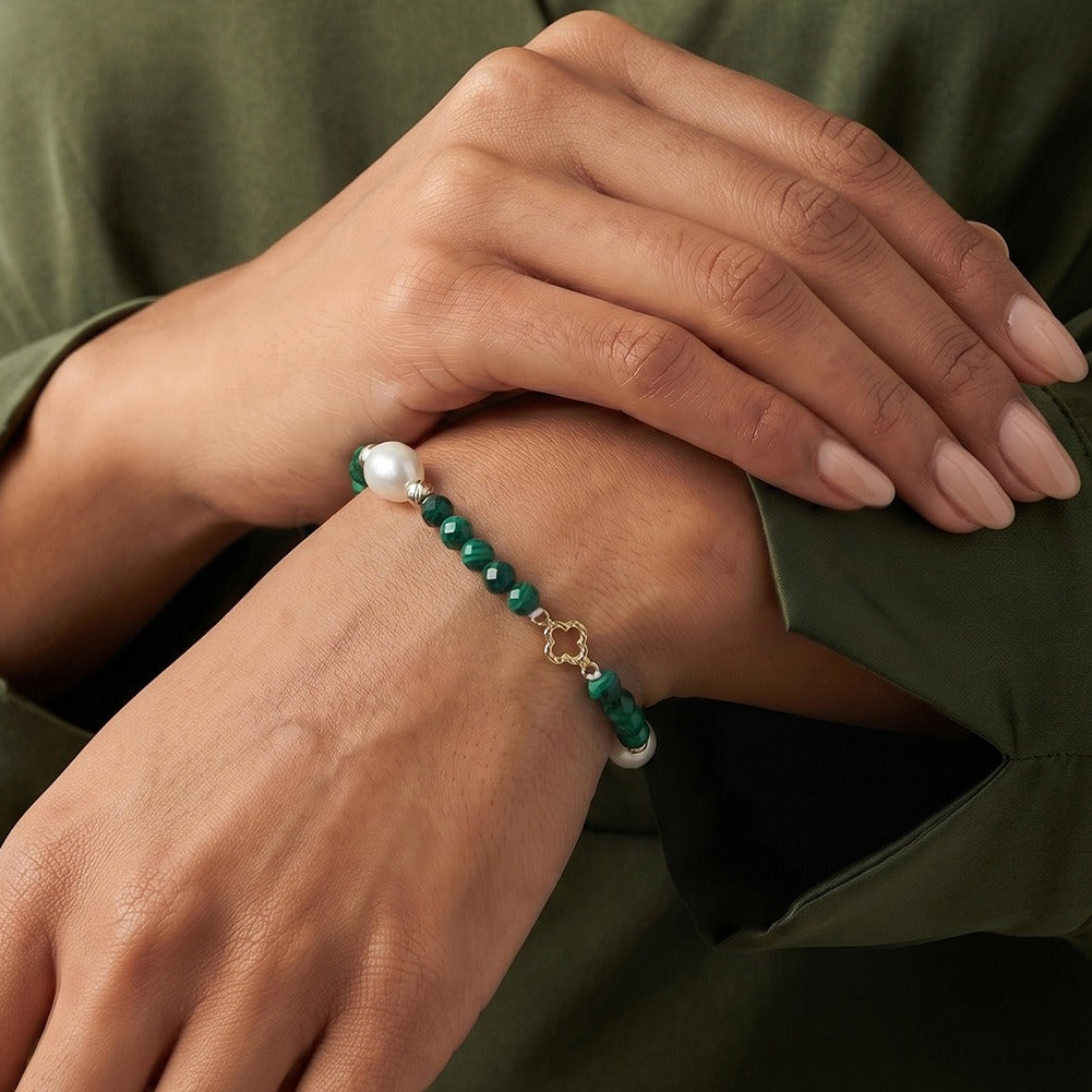 Kemston Malachite Freshwater Pearl Bracelet for Women 925 Sterling Silver Gold Plated MPB18