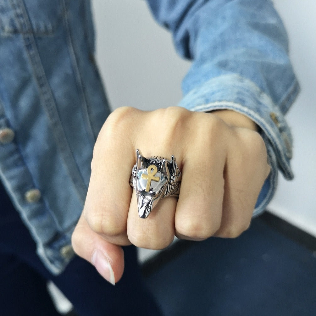 Kemstone Men’s Titanium Steel Anubis Egyptian God Ring – Silver K-R291